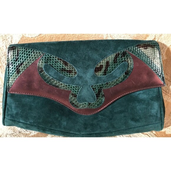 Vintage 80s Green Clutch 1980s Retro Suede & Snakeskin Glam Rocker Chic Handbag - Picture 3 of 5